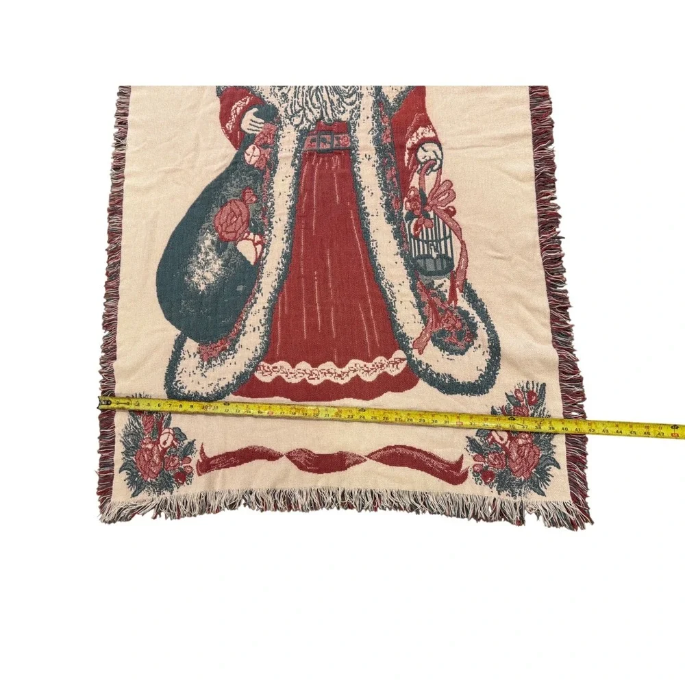 Vintage Woven Santa Claus Christmas Tapestry Throw Blanket Fringed Red Green